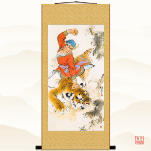 武松打虎图 水浒传人物画 中式复古装饰画绢布卷轴挂画 来图定制