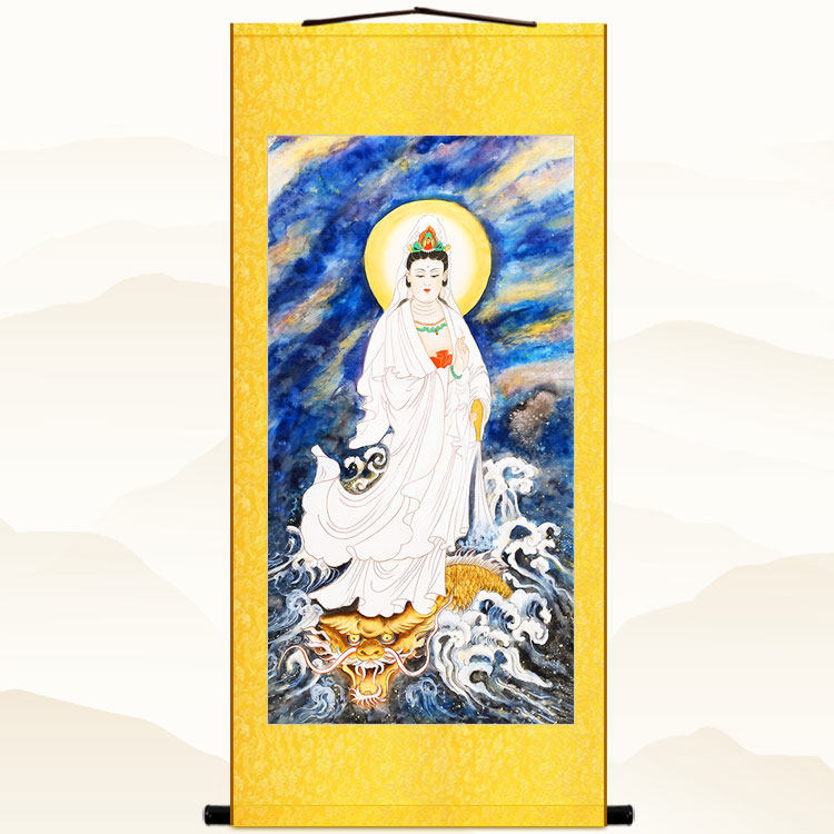 白衣龙头观世音菩萨佛像画 踏龙乘龙观音复古佛堂装饰画卷轴挂画