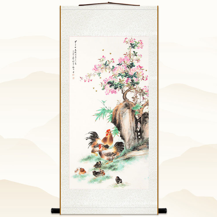 颜伯龙公鸡母鸡小鸡图 玄关书房客厅装饰画 国画丝绸画挂画定制图片