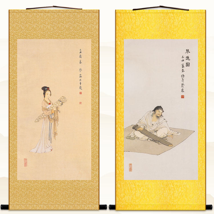 仕女抱琴图人物画 高士琴趣图复古装饰画 绢布卷轴挂画丝绸画定制