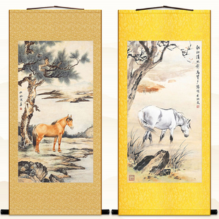 古画版马图 白色棕马松树马年中式复古书房装饰画 绢布卷轴挂画