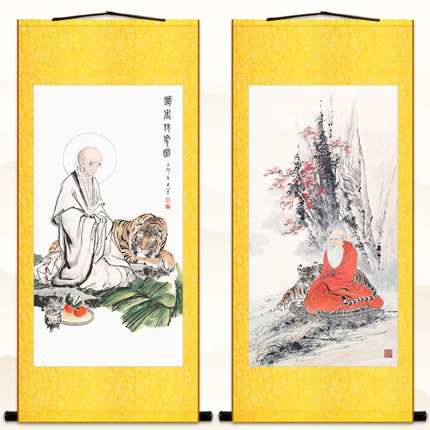 伏虎罗汉尊者佛像画 绢布材质卷轴挂画 中式复古书房客厅装饰画