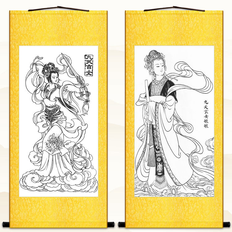 九天玄女娘娘画像 白描版玄母天尊神像画道场装饰画丝绸卷轴挂画