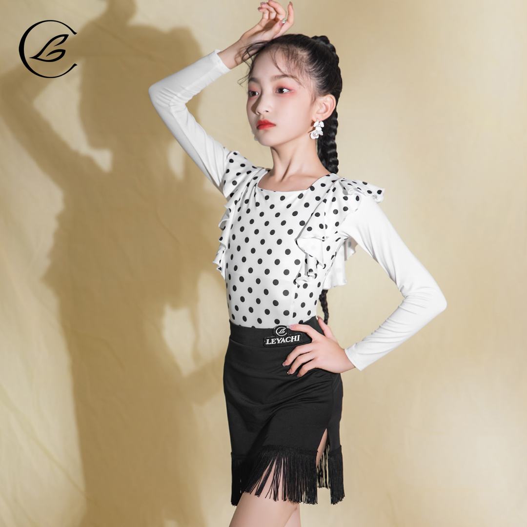 乐雅池女童波点拉丁舞流苏练功服