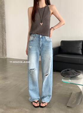 TT-KOUCOE2026年夏韩版高腰蓝色破洞牛仔裤女休闲水洗长裤潮81026