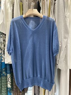 GLOG夏款V领亚麻短袖薄针织衫 毛毛家2025韩国东大门上衣