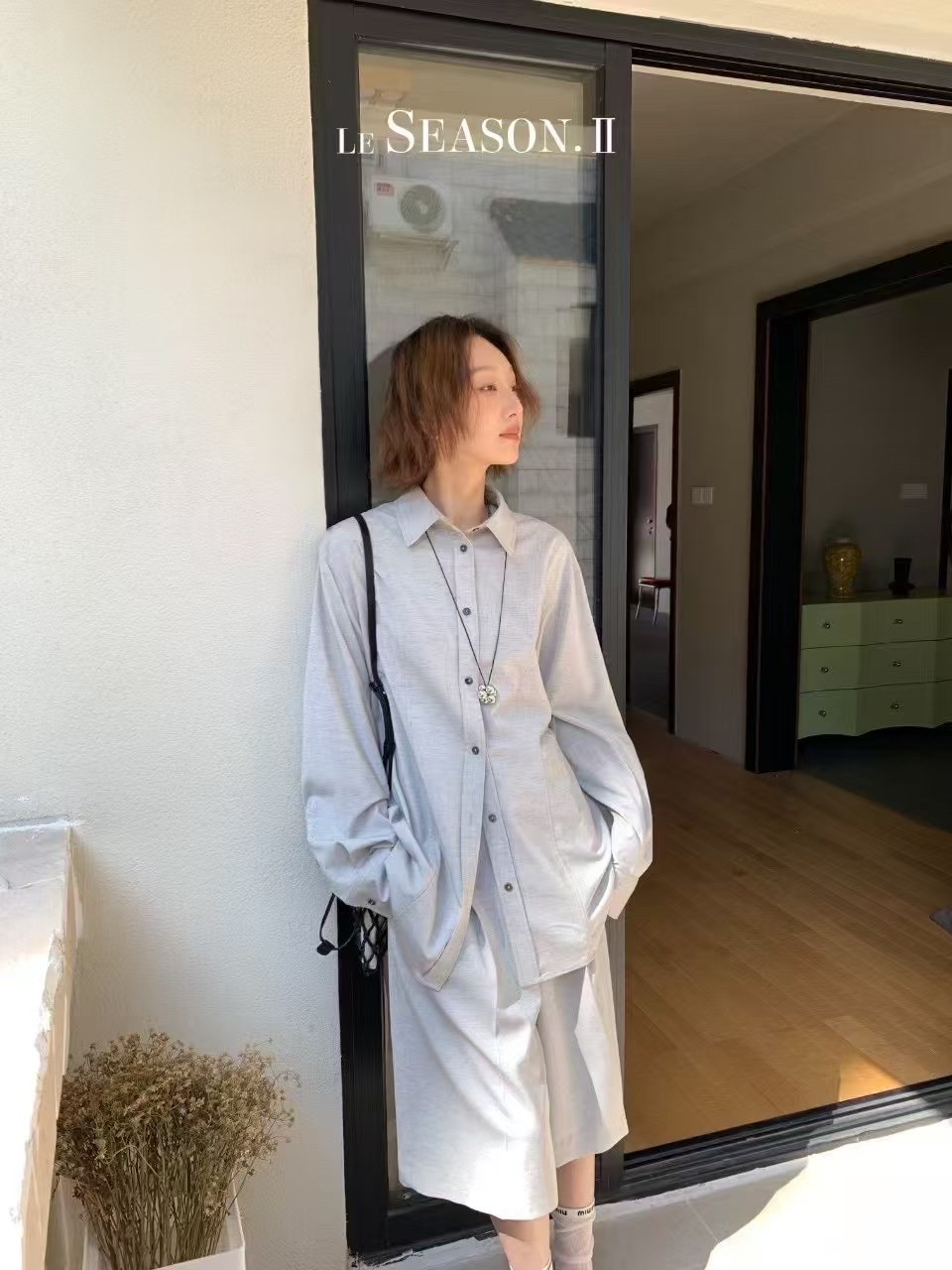 乐熙儿2025春季新款韩版宽松休闲百搭纯色翻领长袖衬衫女套装短裤