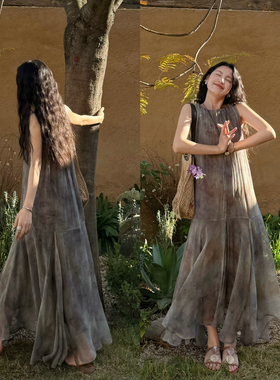 DIGM-新法式复古晕染印花圆领宽松显瘦背心连衣裙(61人丝)DB19656