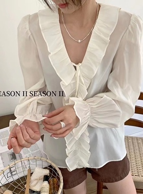 乐熙儿正品年夏季新款木耳边衬衣荷叶边褶皱设计衬衫100023#