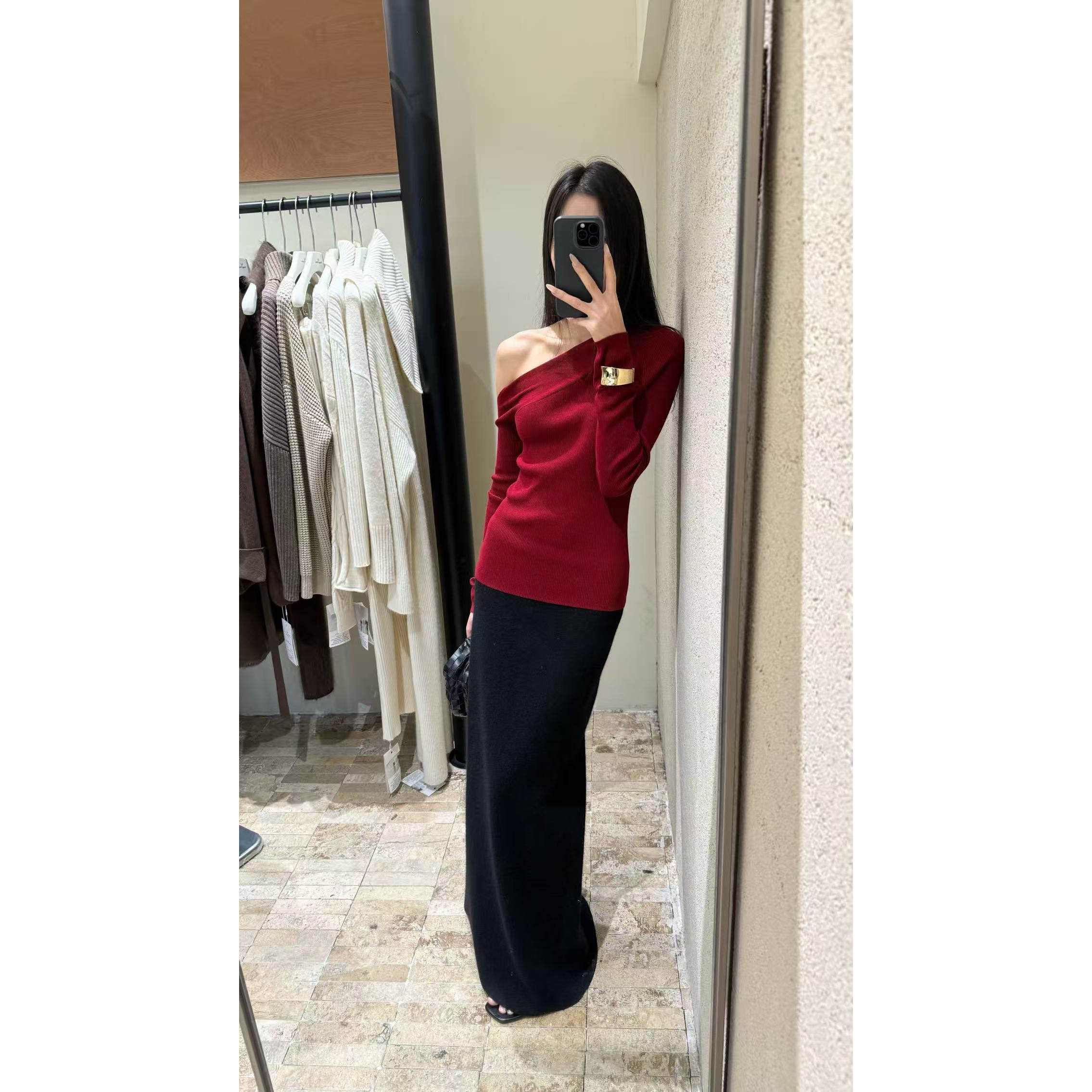 静奢系列-harm极简风轻奢羊毛斜肩设计款上衣针织衫（含9羊毛）09