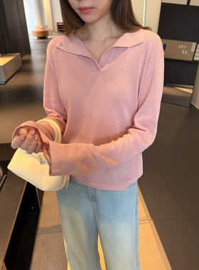 DIGM-简约慵懒松弛感纯色翻领宽松显瘦套头针织衫(12亚麻)JB01701