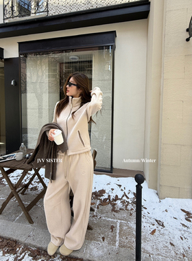 JVV SISTER立领拉链短外套+纯色松紧腰抽绳直筒休闲裤套装50926RD