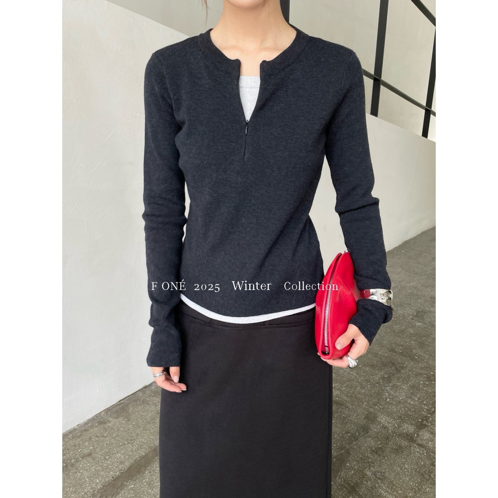 F ONE-假两件半开领拉链羊毛撞色针织衫上衣针织衫（含6羊毛）586