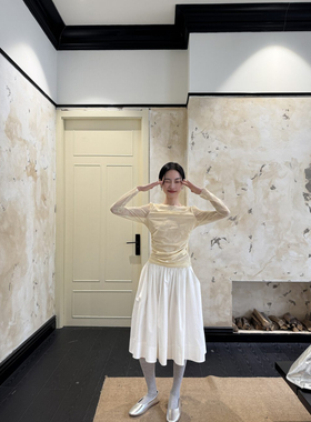 LION&CAT简约气质感半透长袖蕾丝衫上衣2025春新款T恤小衫409406#