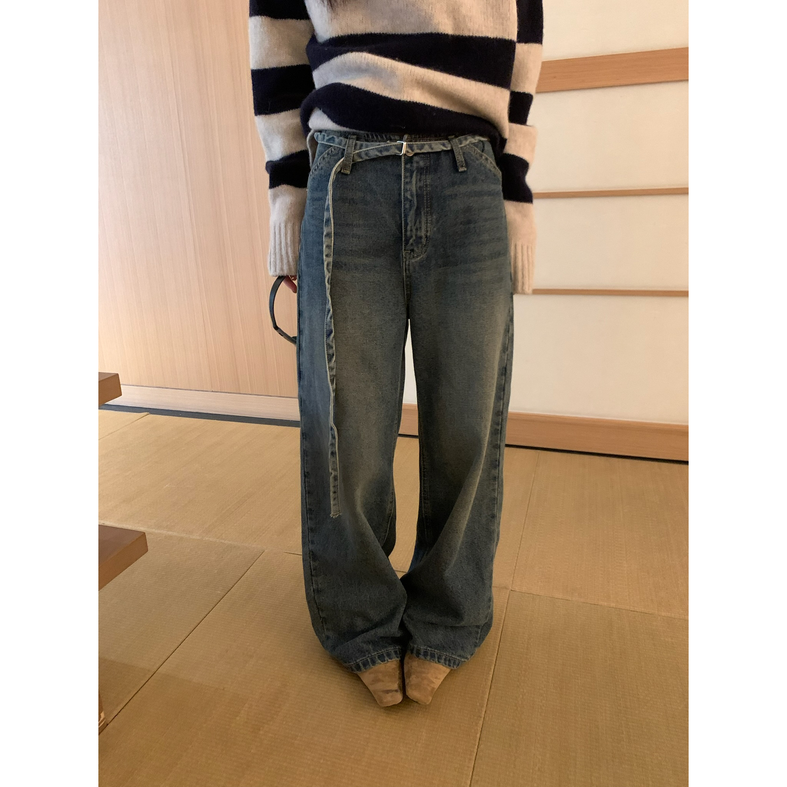 TABLE-计感宽松阔腿直筒百搭拖地松弛感牛仔裤(配腰绳)9580-抓毛