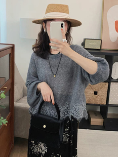 朦胧月光 温柔气质蕾丝拼接羊绒罩衫真丝柔光云朵感针织毛衣女秋
