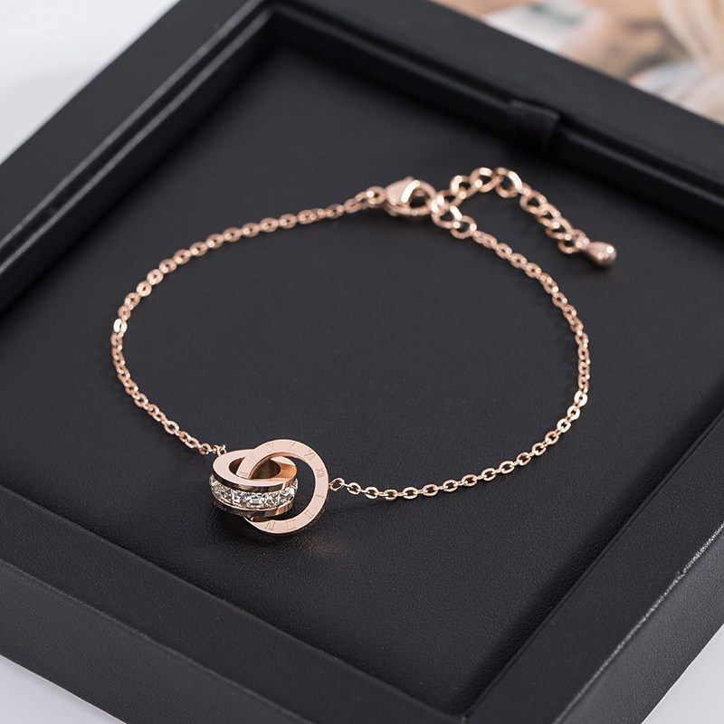 双环罗马个性手链 钛钢镀18K玫瑰金彩金时尚女镀金镶嵌生饰品手环