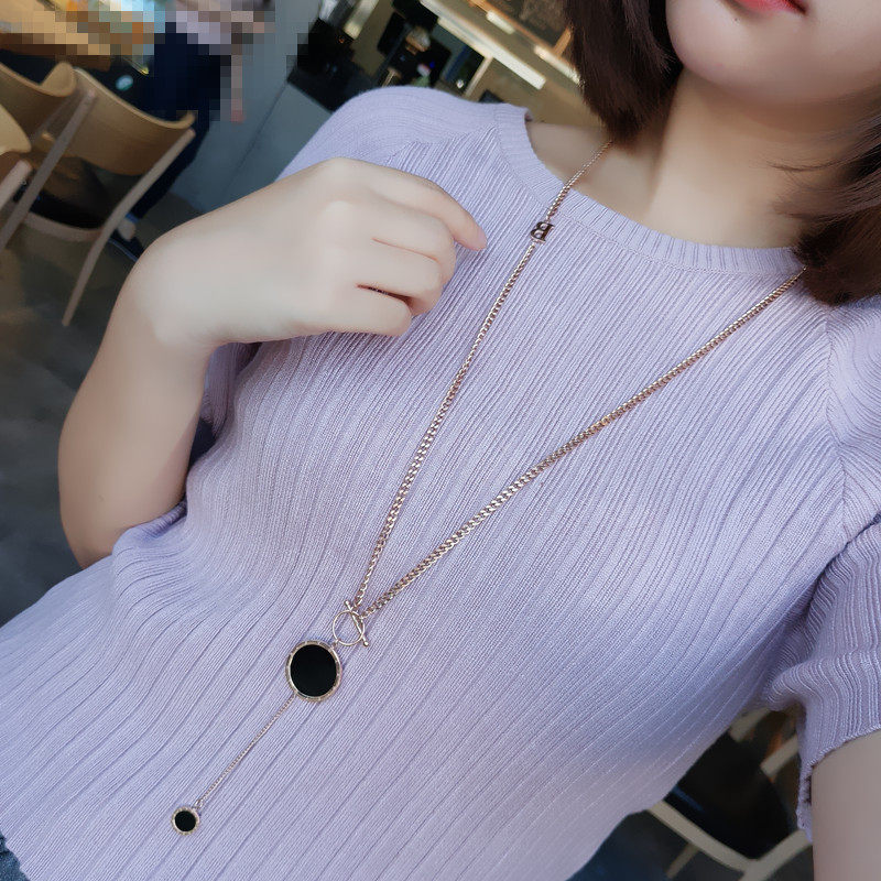 黑色圆点女毛衣链 原创设计长款项链钛钢 网红圆圈马鞭链饰品