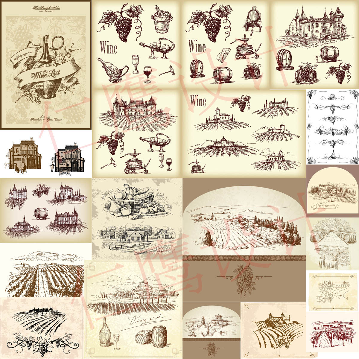 欧式线描手绘古典葡萄酒红酒庄园欧式建筑古城堡农场矢量素材a96