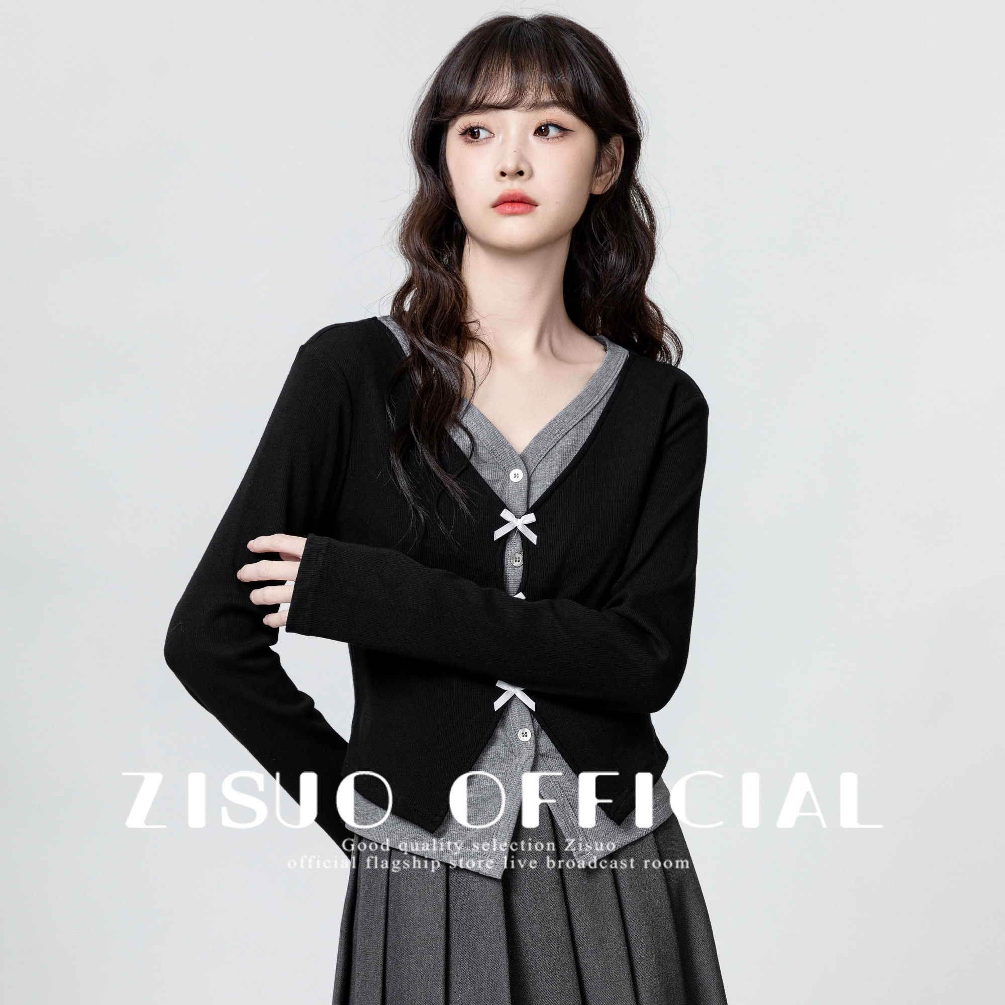 黑色假两件V领长袖T恤女2025春秋季新款蝴蝶结设计感显瘦短款上衣