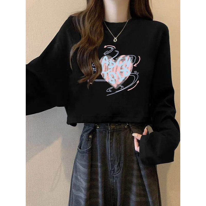 早秋季黑色打底衫女士内搭别致宽松圆领长袖t恤短款上衣ins慵懒风