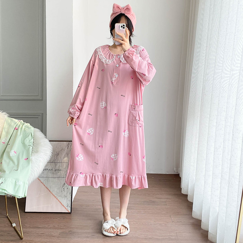 公主风草莓花边长袖纯棉加长睡裙加大码孕妇春秋胖MM200斤家居服