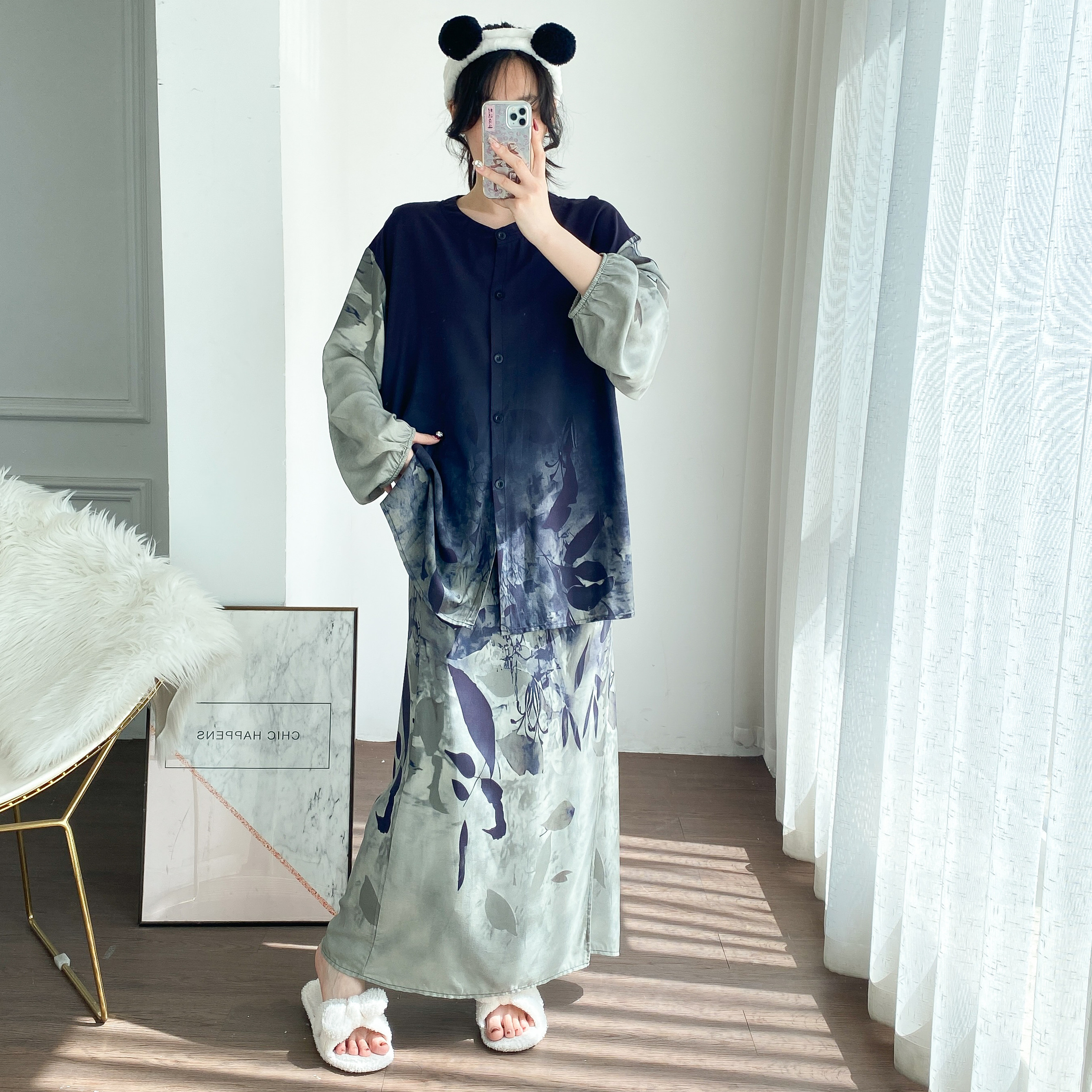 加大码棉绸孕妇睡裙两件套