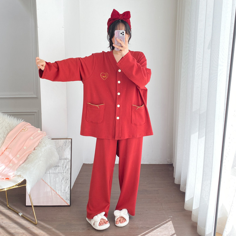 加厚纯棉V领开衫长袖长裤睡衣