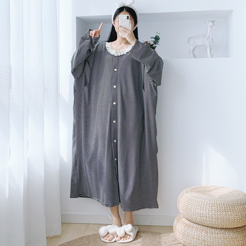 条纹花边加绒孕妇睡裙长袖