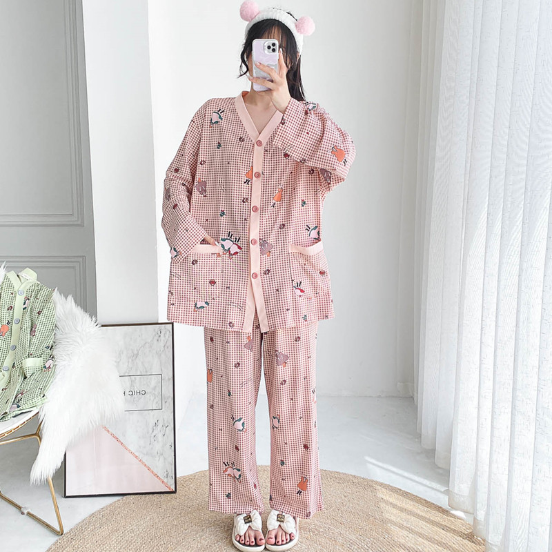 女针织棉V领格子家居服睡衣