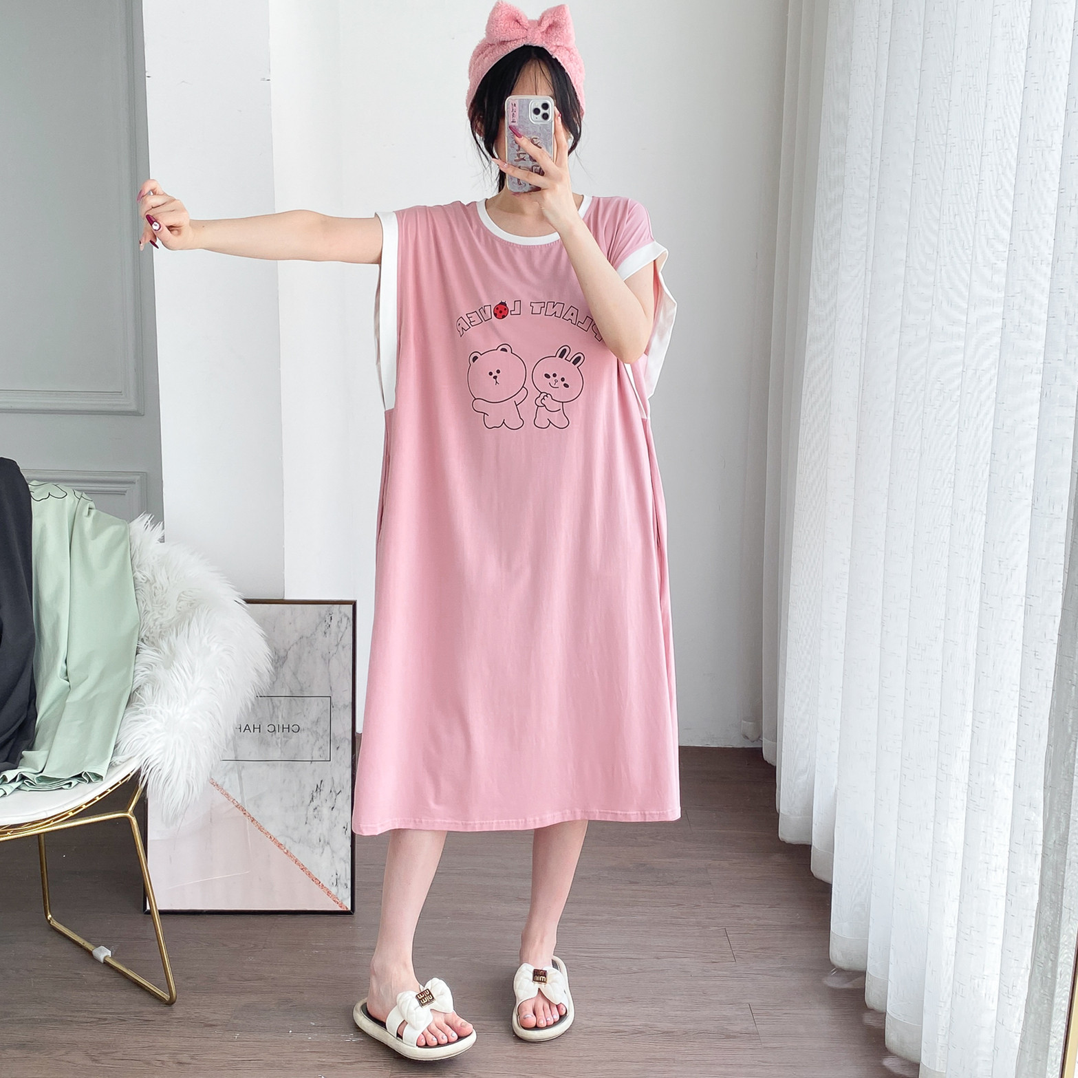 夏季人棉带胸垫大码甜美睡裙