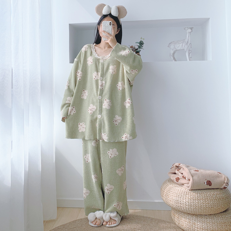 花边开衫小熊睡衣套装