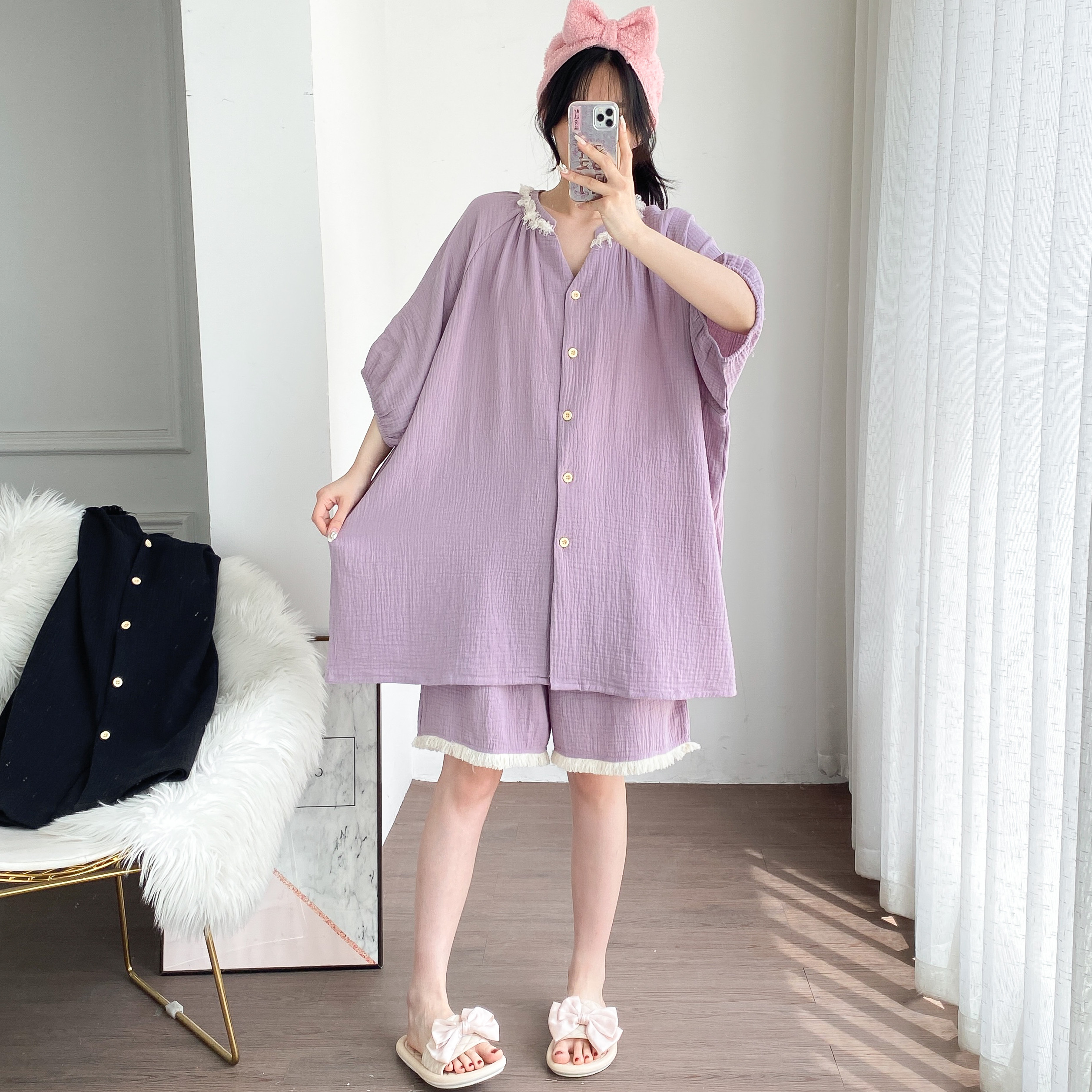 夏季纯棉双层纱胖mm家居服套装