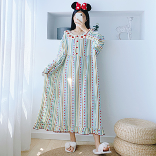 草莓长袖 超长孕妇春秋胖MM家居服 公主风双层纱纯棉加长睡裙加大码