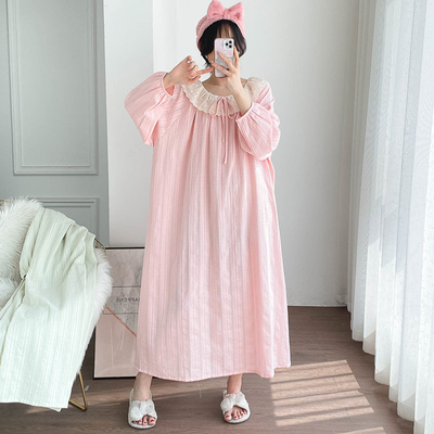 纯棉纱布长袖胖MM睡裙大码
