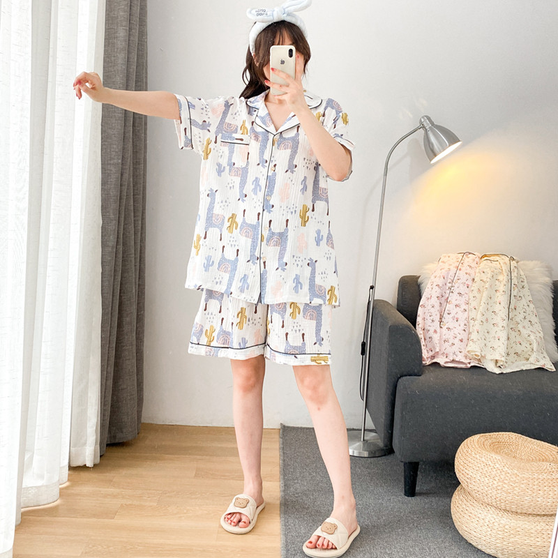女纯棉纱布开衫家居服睡衣