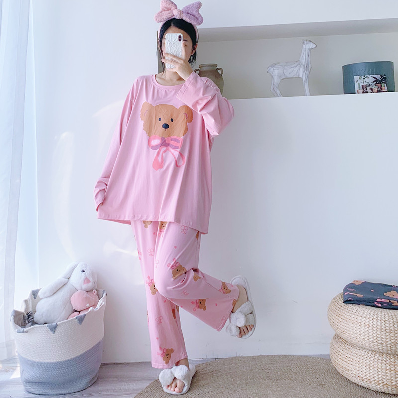 纯棉卡通情侣睡衣春秋大码长袖长裤两件套简约胖mm宽松家居服男女