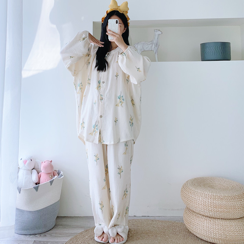 女纯棉纱布碎花月子服睡衣
