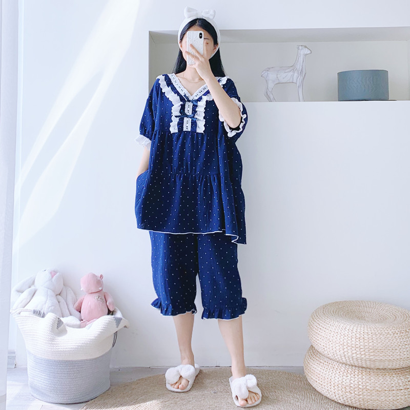 短袖七分裤花边加大码睡衣家居服