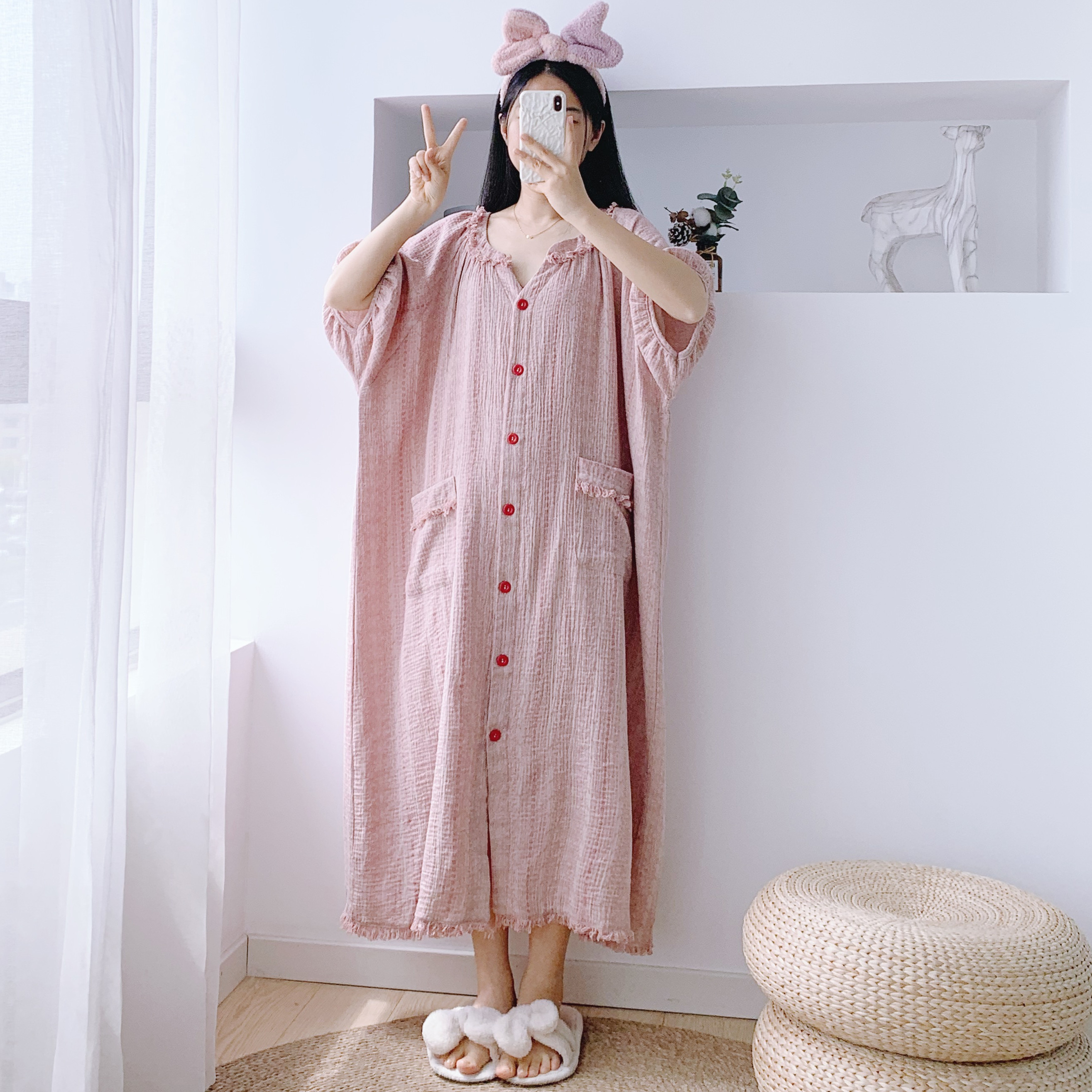夏纯棉纱布V领花边加长孕妇睡裙