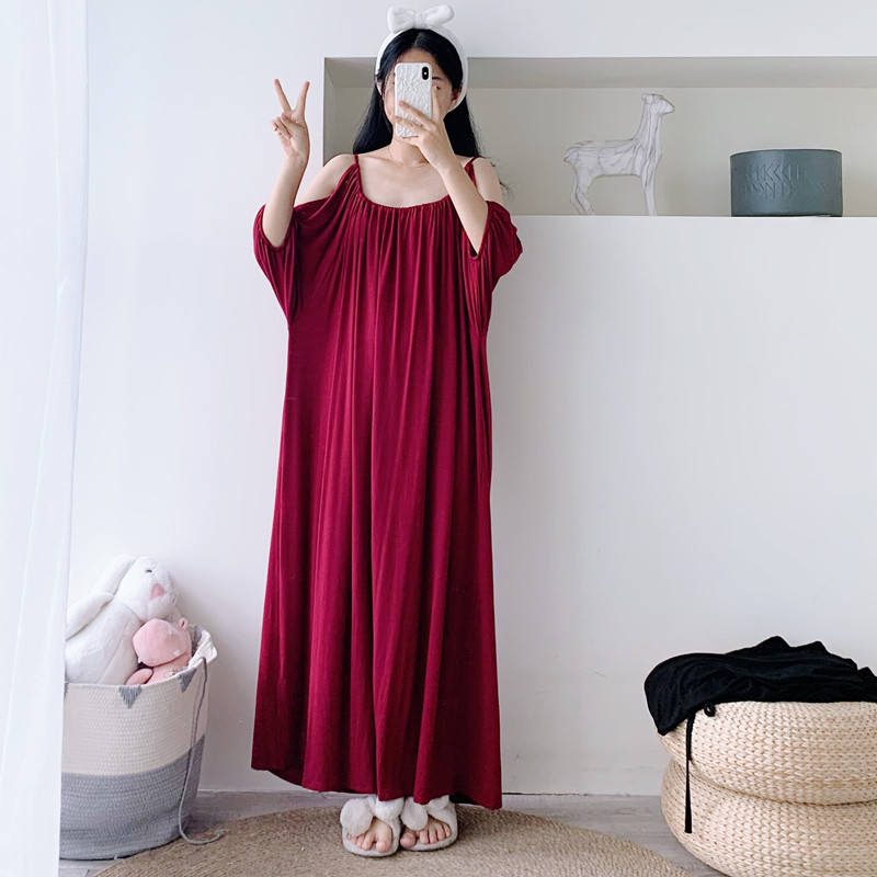 夏季加长露肩睡裙加大码性感莫代尔短袖吊带孕妇连衣裙胖MM200斤