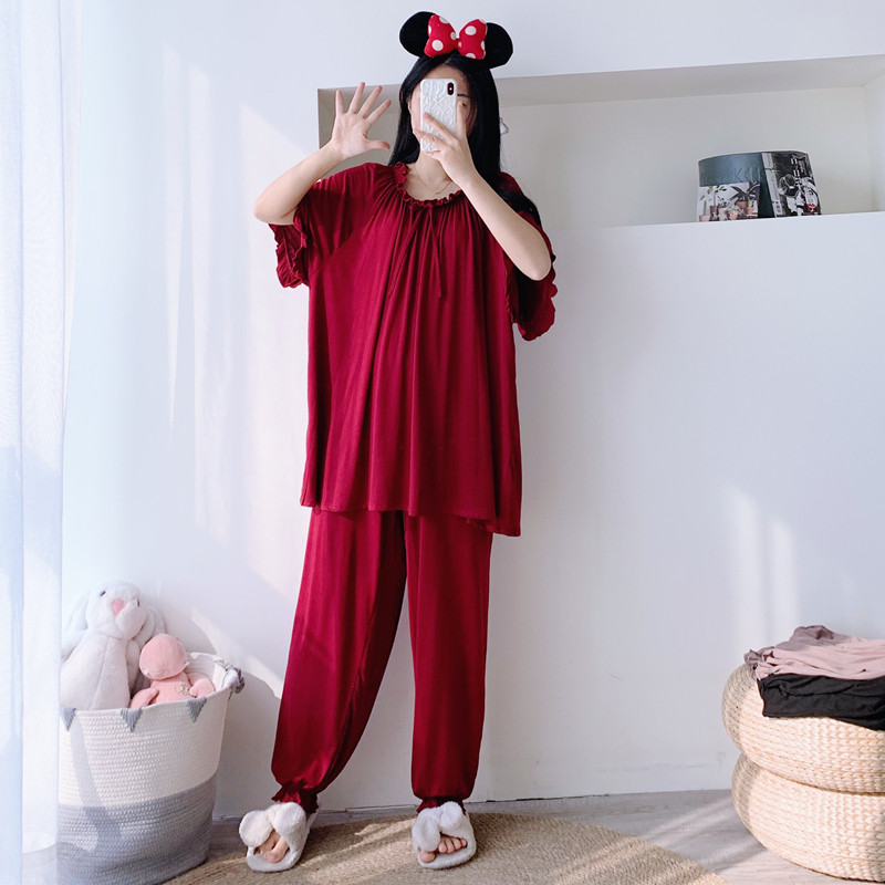 加大码莫代尔木耳边睡衣女春夏短袖长裤套装宽松胖MM200斤家居服