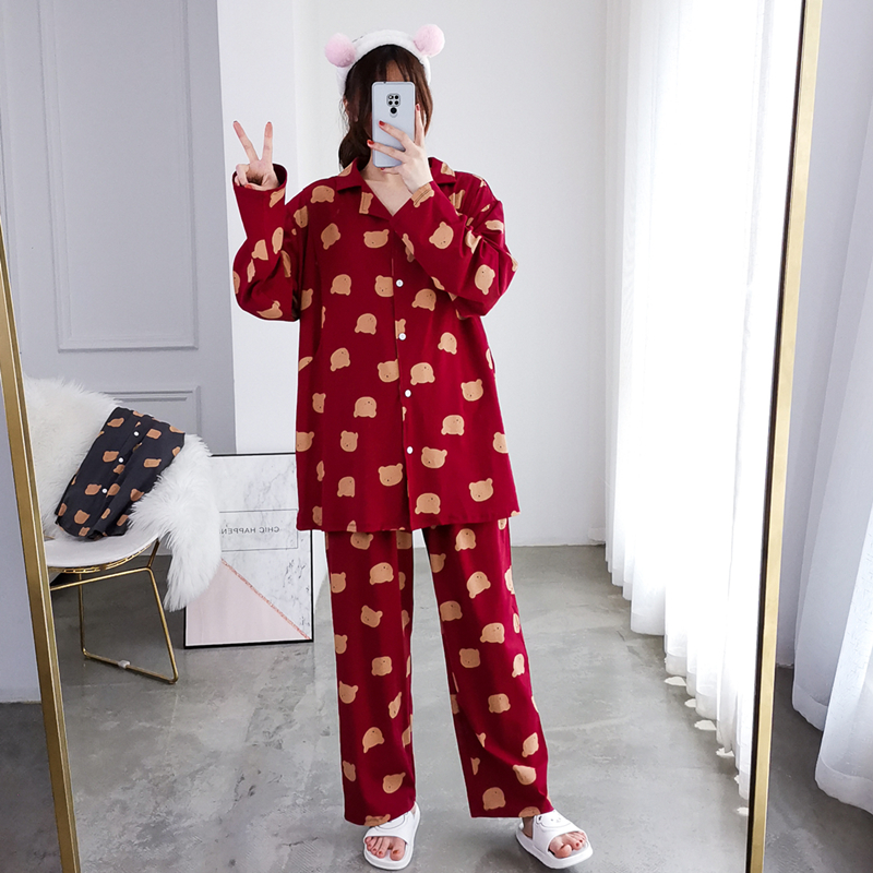 小熊长袖长裤孕产妇开衫睡衣女纯棉加大码宽松胖MM产后哺乳月子服