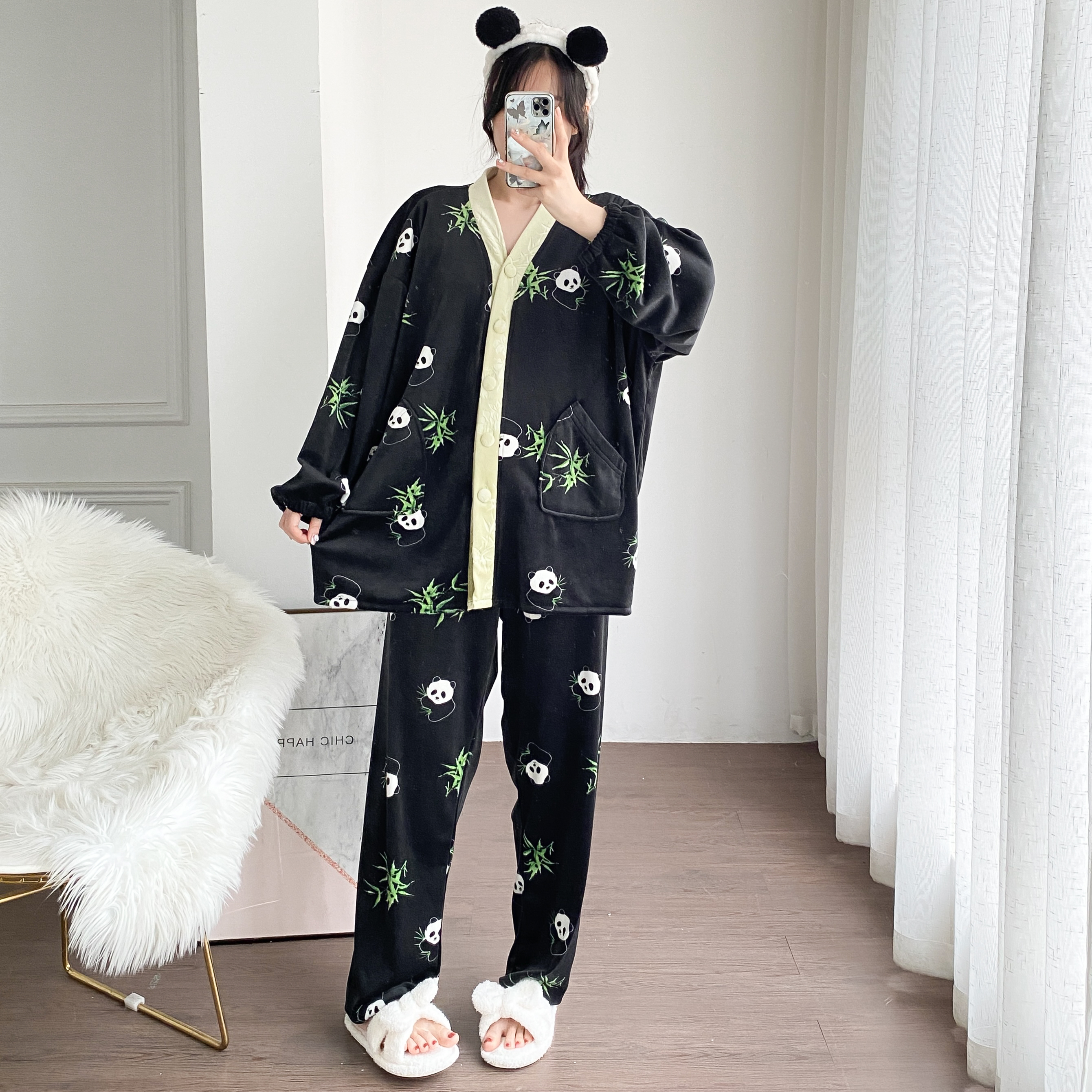 V领保暖天鹅绒开衫睡衣套装