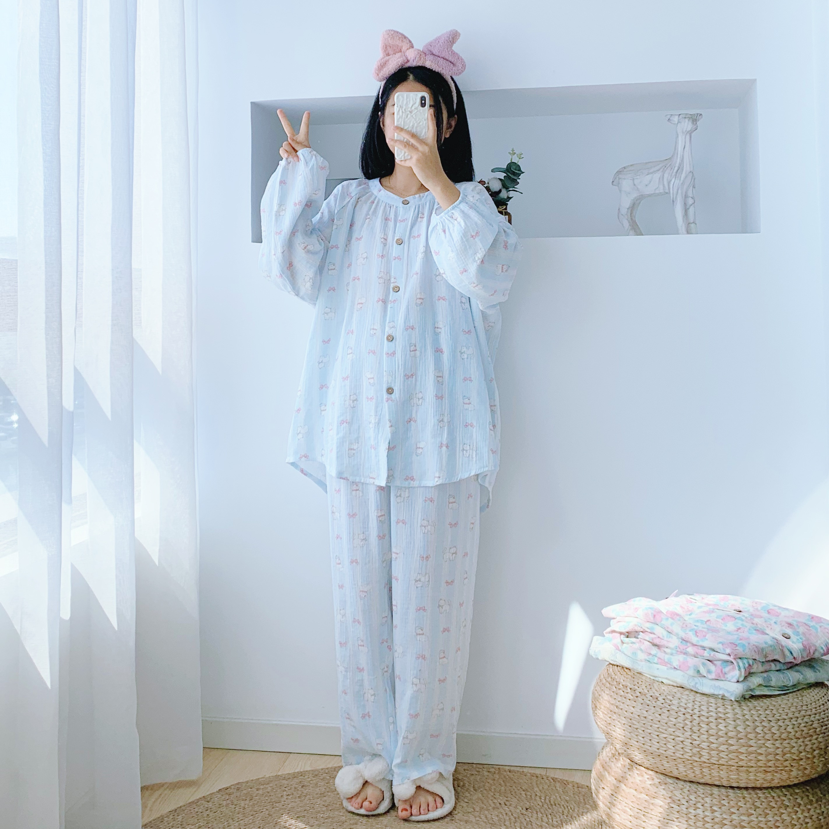 纯棉双层纱布加大码女睡衣套装