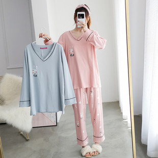 卡通兔子V领睡衣女加大码春秋长袖长裤纯棉宽松胖妹妹200斤家居服