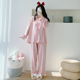 套装 V领卡通加大码 长裤 睡衣女春秋长袖 宽松胖MM家居服 针织棉开衫