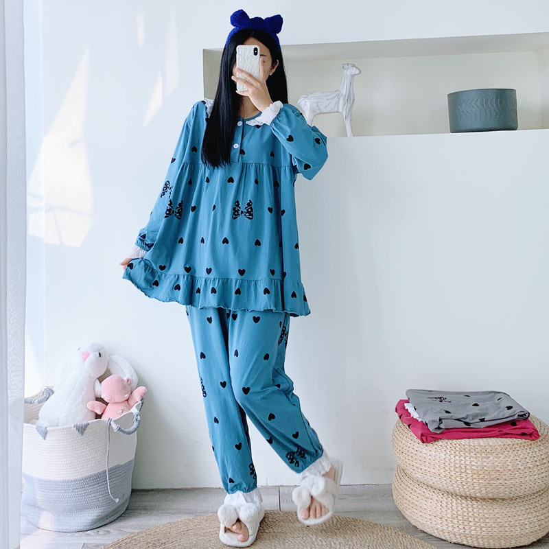 女针织棉爱心花边家居服睡衣