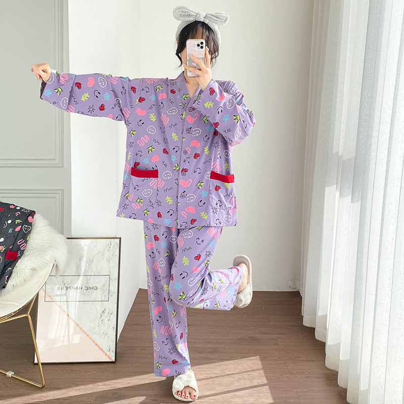 女针织棉V领家居服睡衣