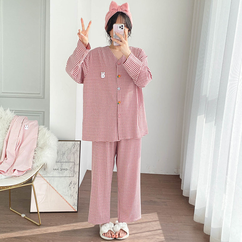 女棉加大码家居服睡衣格子开衫